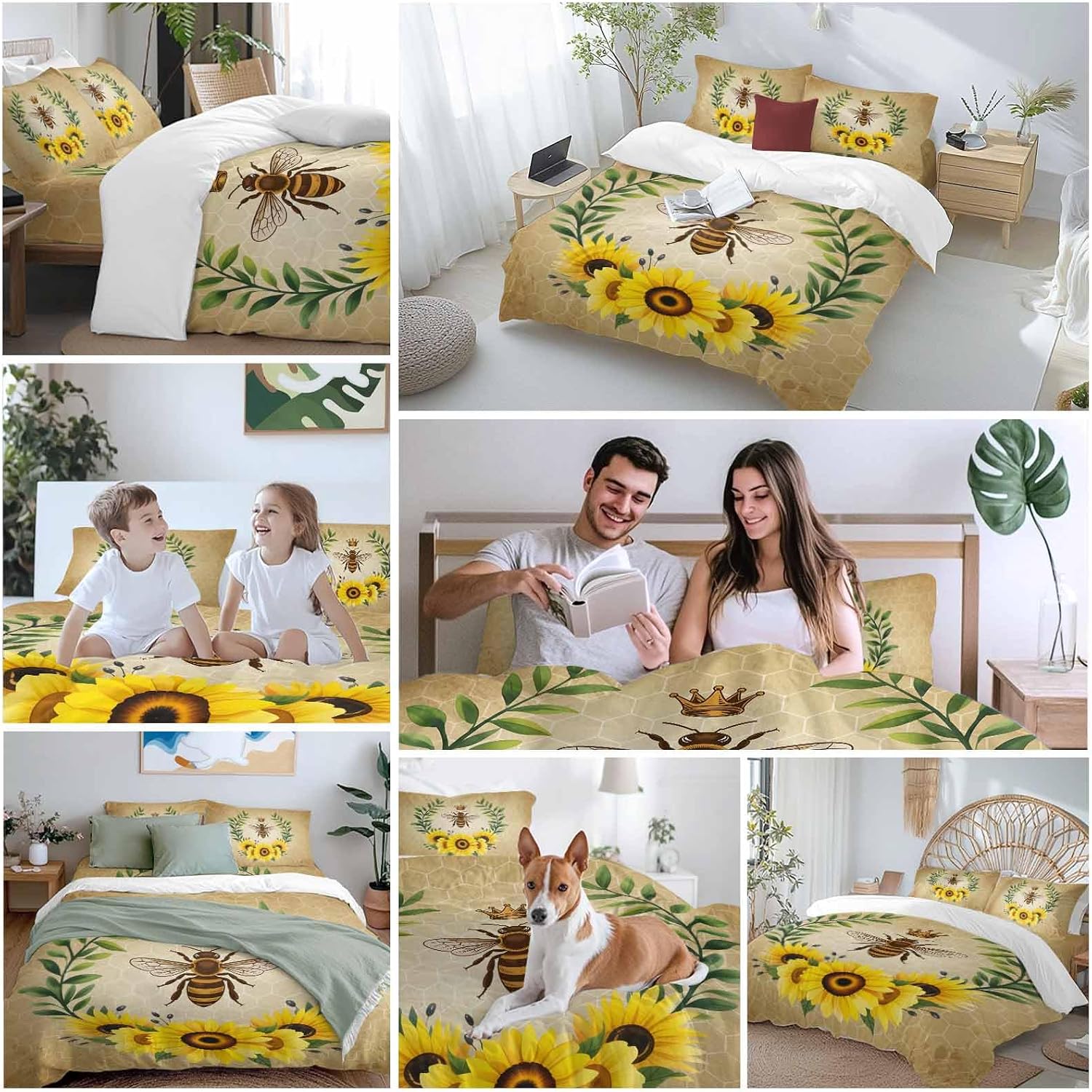 Vintage Crown Bee Duvet Cover Set Queen Size 4 Pieces Country Sunflowers Green Leaves Honeycomb Bedding Set with Zipper Closure, 1 Comforter Cover 86x86 Inches 1 Flat Sheet & 2 Pillow Cases