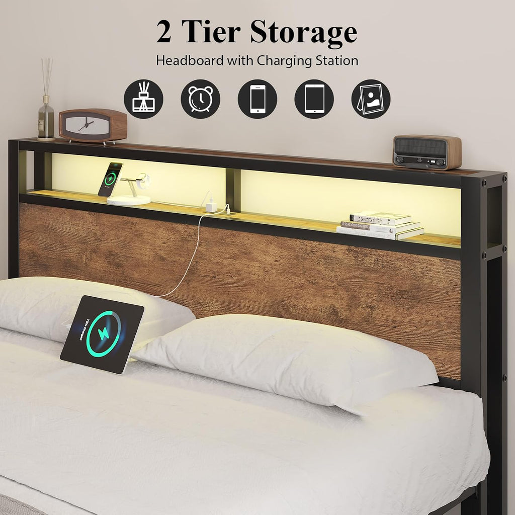 LOEWAY King Size Platform Bed with 2-Tier Storage Headboard, Metal Bed Frame with Charging Station & LED Light, Heavy Duty Metal Slats, No Box Spring Need, Noise Free, Rustic Brown
