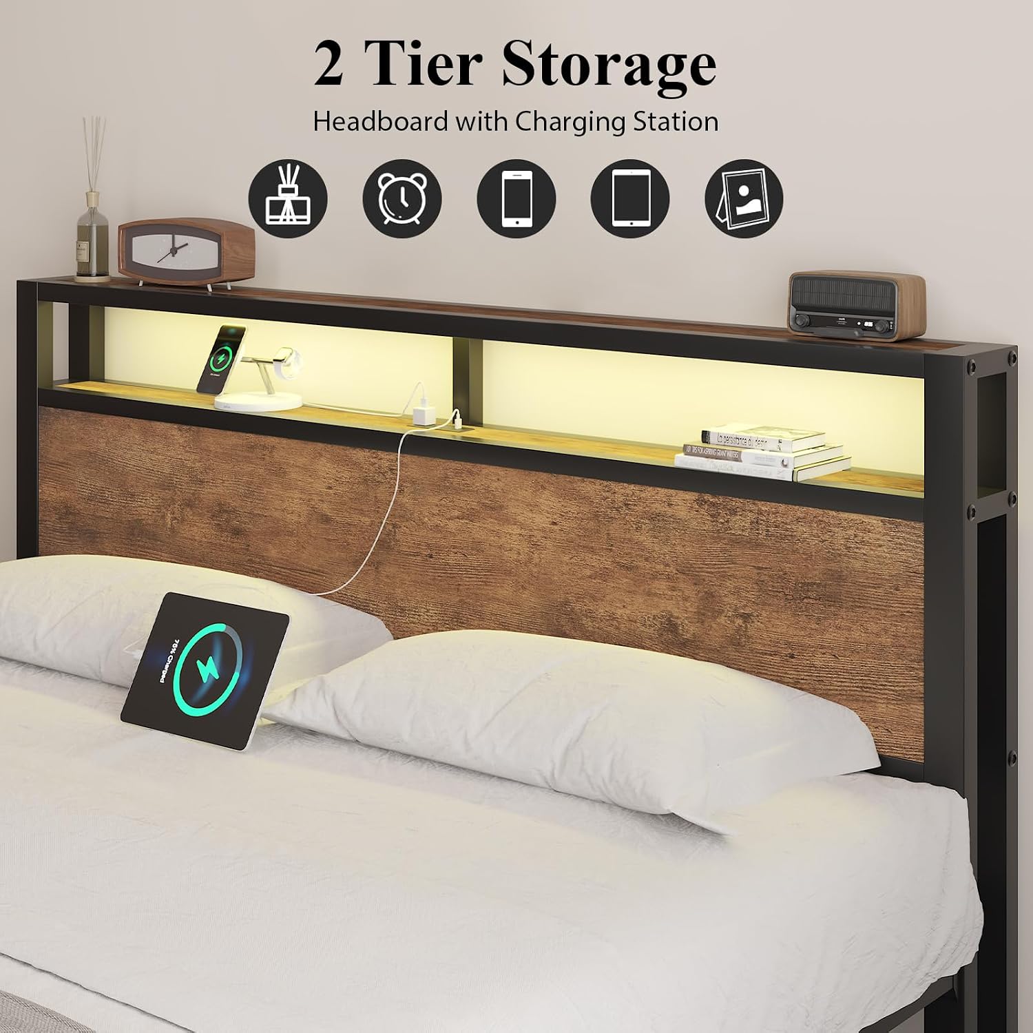 LOEWAY King Size Platform Bed with 2-Tier Storage Headboard, Metal Bed Frame with Charging Station & LED Light, Heavy Duty Metal Slats, No Box Spring Need, Noise Free, Rustic Brown