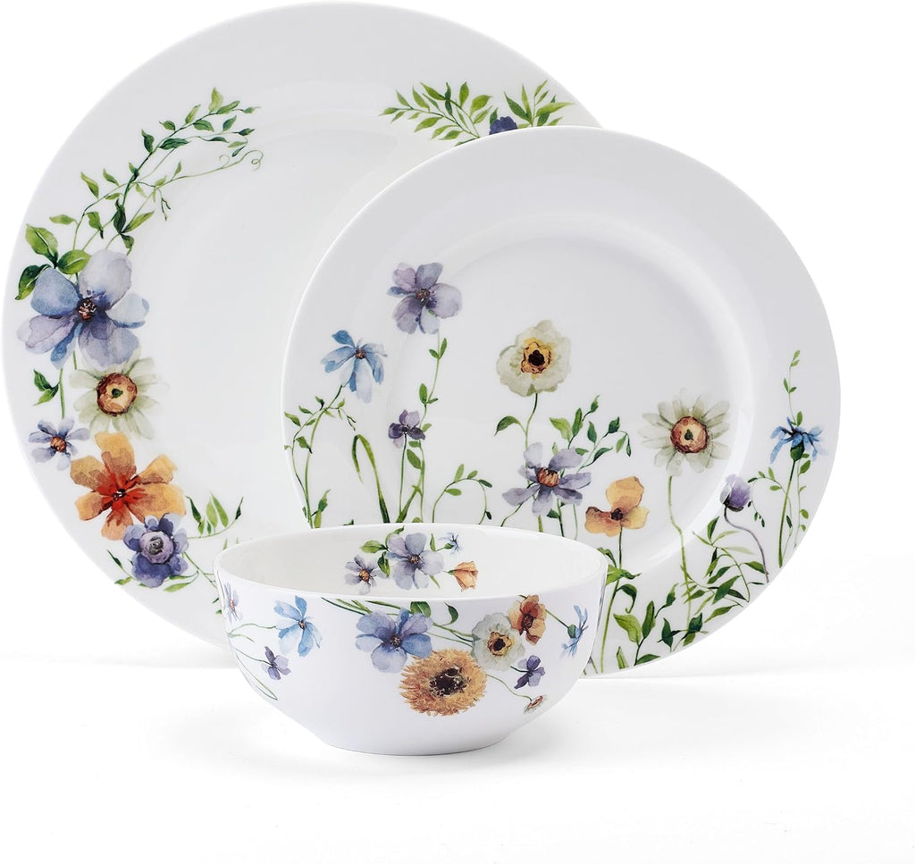 Mikasa Audrina Water Color Flowers Bone China Lightweight Chip Resistant 12 Piece Dinnerware Set, Service for 4, White