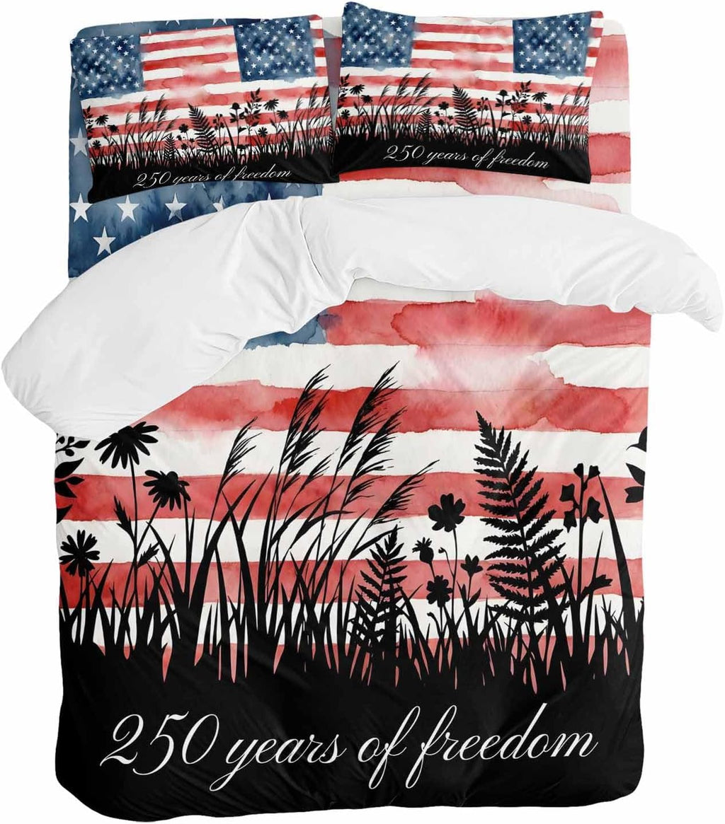 Prime Leader 250 Years of Freedom Duvet Cover Set Queen Size 4 Pieces Watercolor America Flag Plant Fower Bedding Set with Zipper Closure, 1 Comforter Cover 90x92 Inches 1 Flat Sheet & 2 Pillow Cases