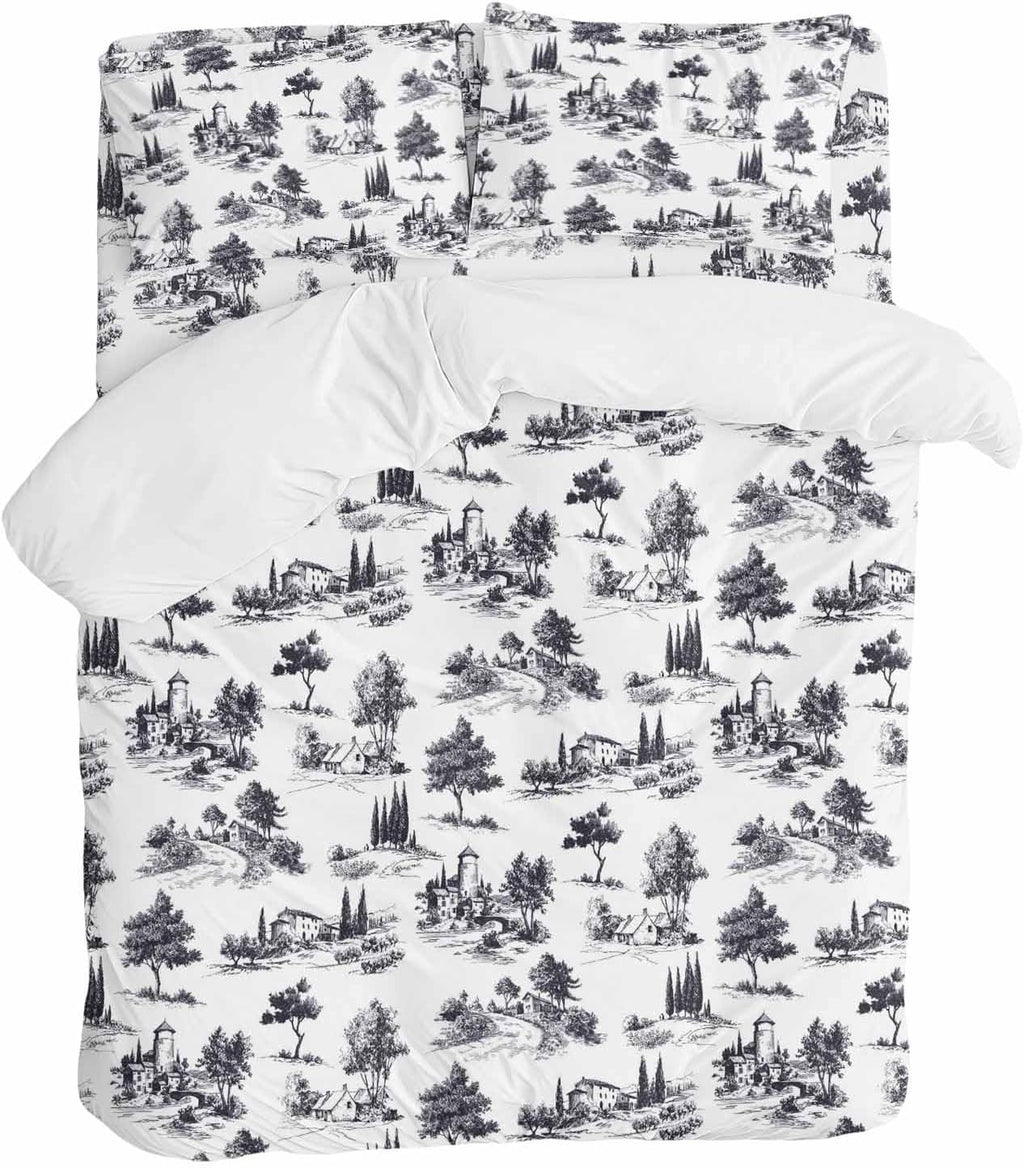 Farmhouses Plants Duvet Cover Set Queen Size 4 Pieces Mystic Castle Rustic Abstract Tree Retro Bedding Set with Zipper Closure, 1 Comforter Cover 90x92 Inches 1 Flat Sheet & 2 Pillow Cases