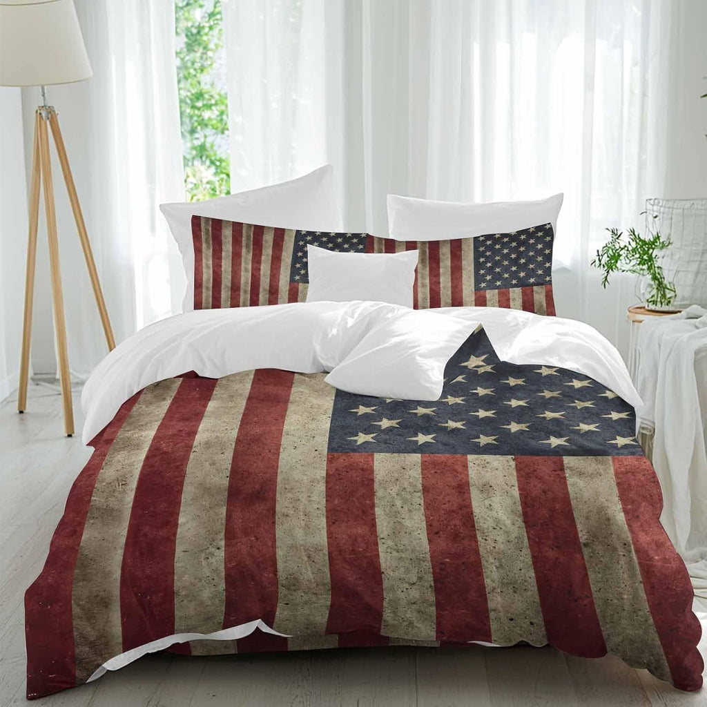 Vintage U.S. Flag Duvet Cover Set Queen Size 4 Pieces Red White Striped Star Independence Day Bedding Set with Zipper Closure, 1 Comforter Cover 86x86 Inches 1 Flat Sheet & 2 Pillow Cases