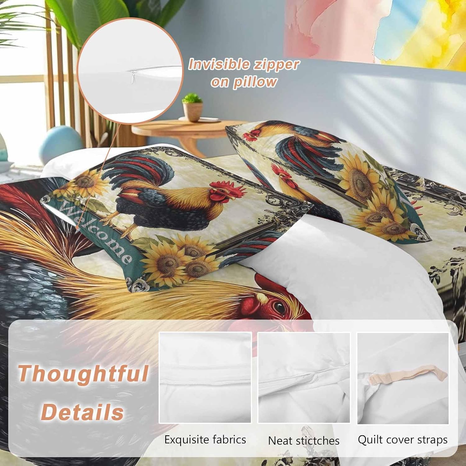 Rooster Chicken Duvet Cover Set Queen Size 4 Pieces Welcome Sunflower Watercolor Art Vintage Farm Bedding Set with Zipper Closure, 1 Comforter Cover 92x106 Inches 1 Flat Sheet & 2 Pillow Cases