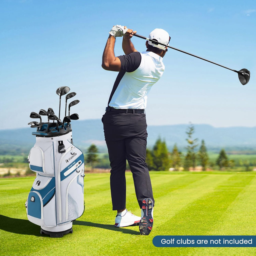 ULTIMATE 14-Way Golf Cart Bag, Golf Bag w/Molded Lock Top & Full Length Dividers, Portable Golf Club Bag w/11 Pockets, Cooler Bag, Padded Strap & Rain Hood for Men Women