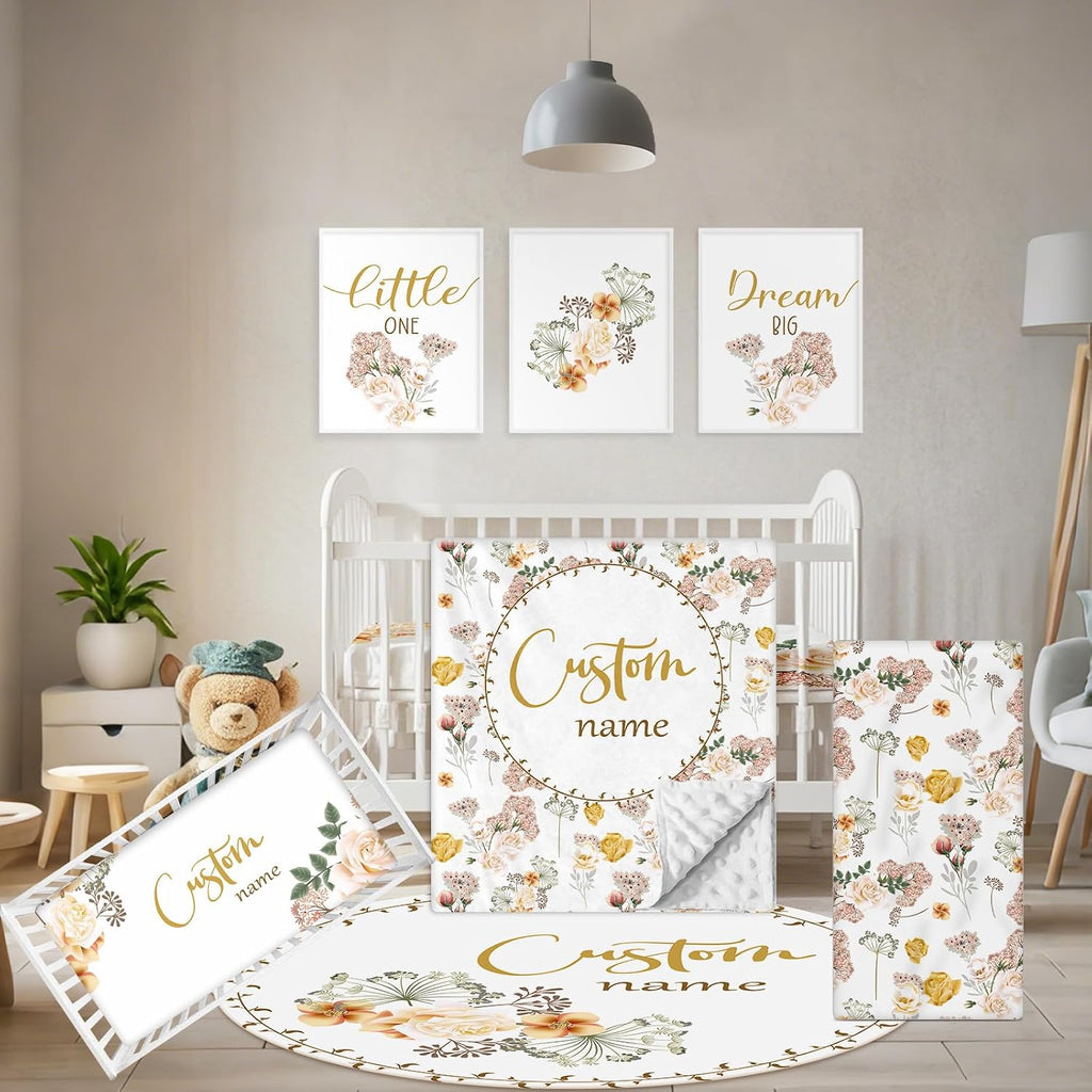 Terwex Personalized Baby Crib Bedding Set, 5 Pcs Custom Name Nursery Bedding Set, Yellow Flower Baby Bedding Set for Girl Boy, Double Layer Baby Crib Sets, Customized Gifts for Toddlers Kids Infants