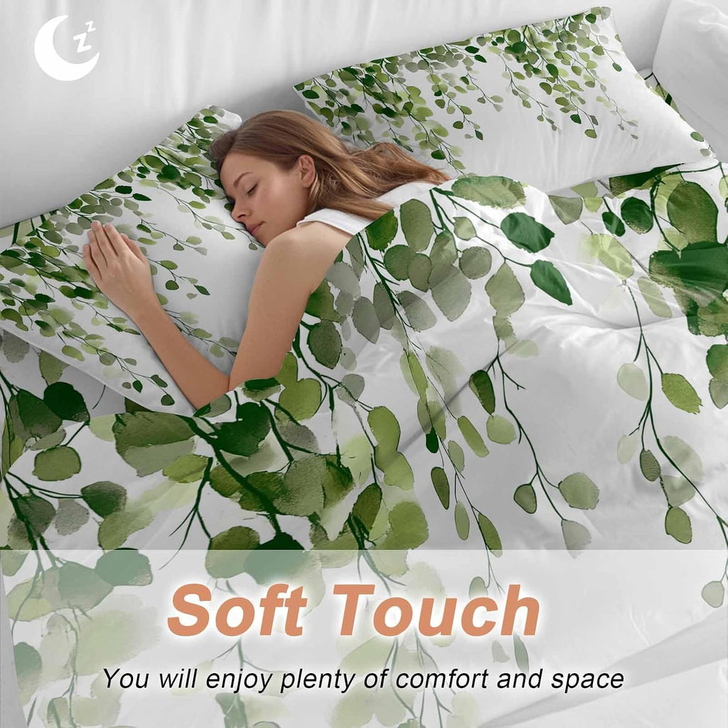 Spring Duvet Cover Set Queen Size 4 Pieces Watercolor Green Eucalyptus Leaves Botanical Plant Bedding Set with Zipper Closure, 1 Comforter Cover 92x106 Inches 1 Flat Sheet & 2 Pillow Cases