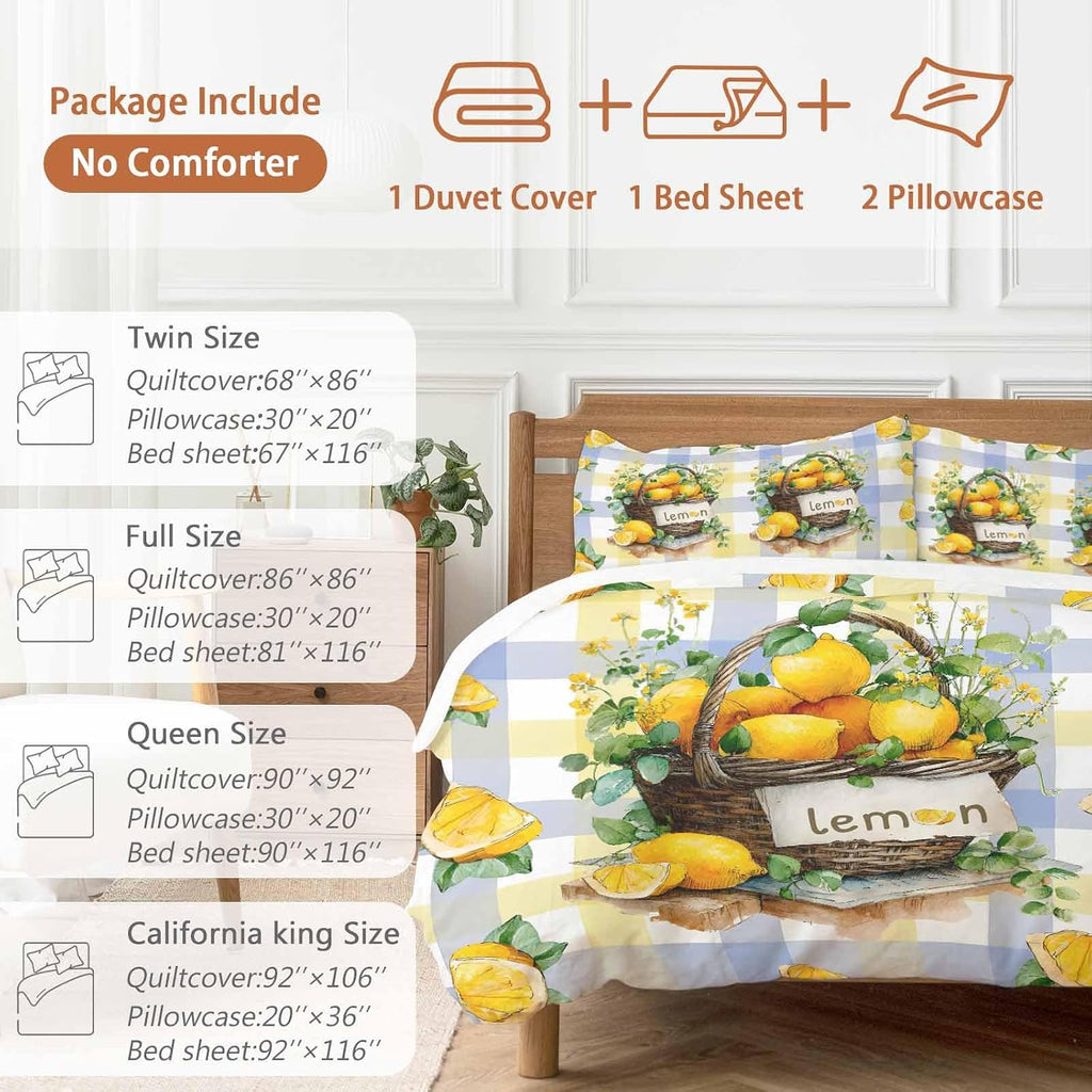 Summer Fruit Duvet Cover Set Queen Size 4 Pieces Watercolor Lemon Frame Letter Print Blue Yellow Plaid Bedding Set with Zipper Closure, 1 Comforter Cover 90x92 Inches 1 Flat Sheet & 2 Pillow Cases