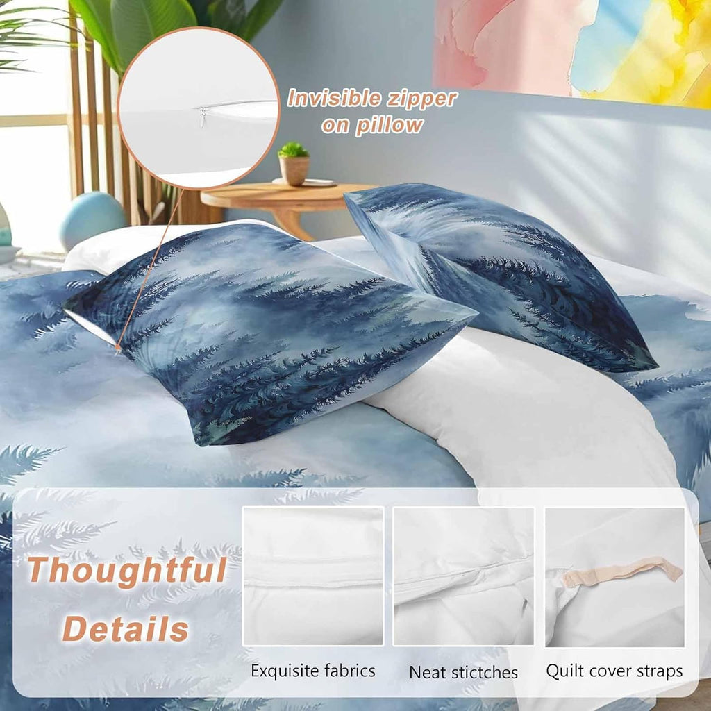 Blue Forest Mountain Duvet Cover Set Queen Size 4 Pieces Retro Watercolor Gradual Foggy Pine Tree Bedding Set with Zipper Closure, 1 Comforter Cover 90x92 Inches 1 Flat Sheet & 2 Pillow Cases