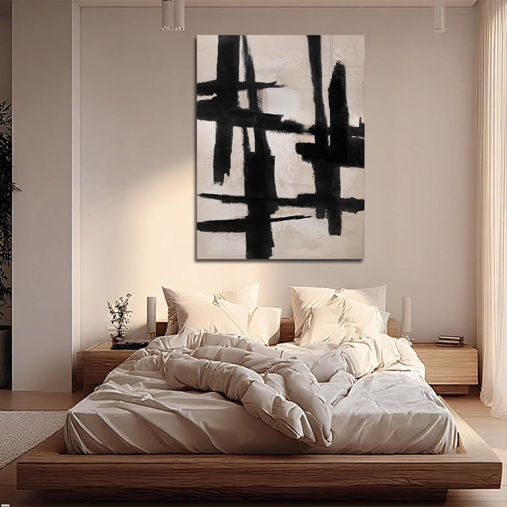SHEYOYE Black and Beige Abstract Canvas Wall Art, Hand-Painted Oil Painting, Textured, Ready to Hang, Modern Home Decor for Living Room Bedroom, 36x48 Inch