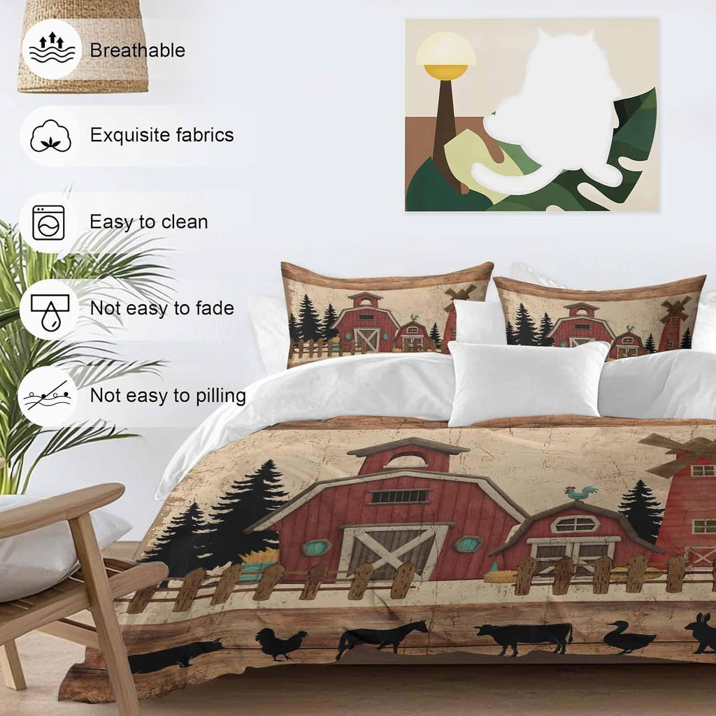 Red Farmhouse Duvet Cover Set Queen Size 4 Pieces Country Farm Barn Cow Pig Chicken Fence Tree Wood Grain Bedding Set with Zipper Closure, 1 Comforter Cover 92x106 Inches 1 Flat Sheet & 2 Pillow Cases