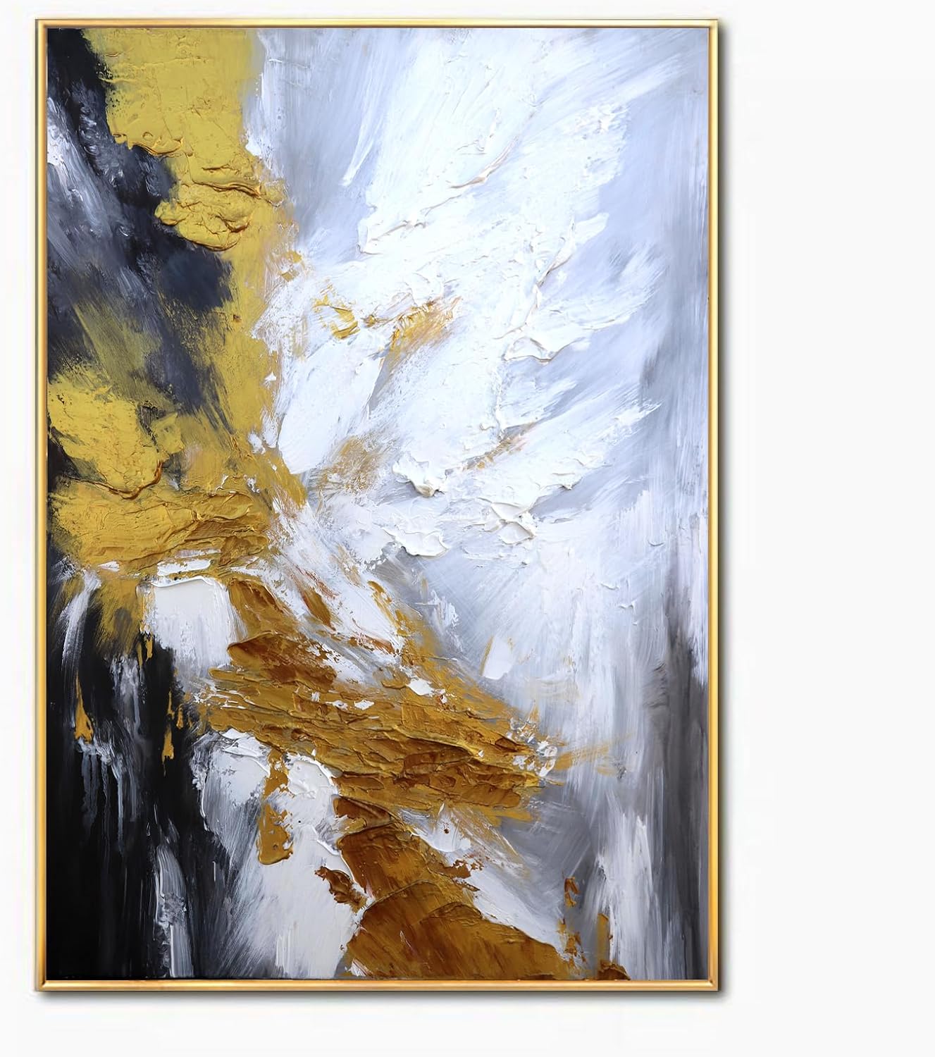 Large 3D Texture Glod Abstract Canvas Wall Art for Living Room,Framed Hand Painted Black and White Abstract Oil Painting for entrance hallway,Modern Thick Textured Wall Decorations Painting Hang for Home Office Décor 32x48inches