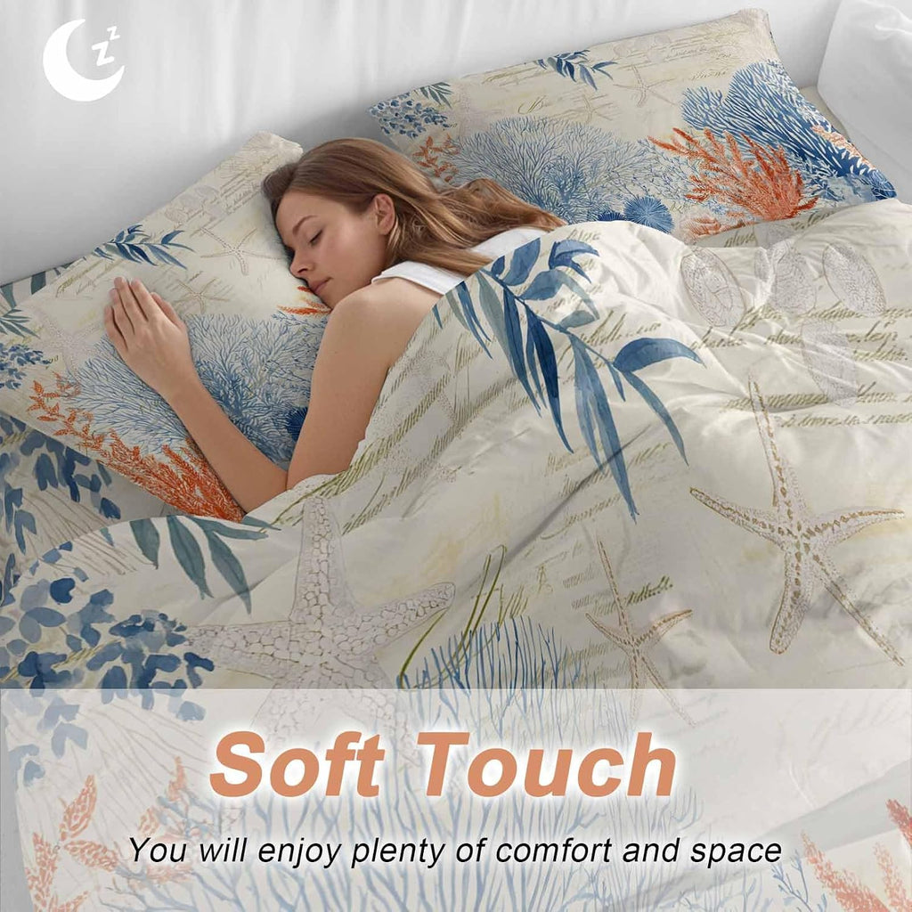 Prime Leader Ocean Corals Duvet Cover Set Queen Size 4 Pieces Summer Beach Coral Sea Stars Retro Texture Bedding Set with Zipper Closure, 1 Comforter Cover 86x86 Inches 1 Flat Sheet & 2 Pillow Cases