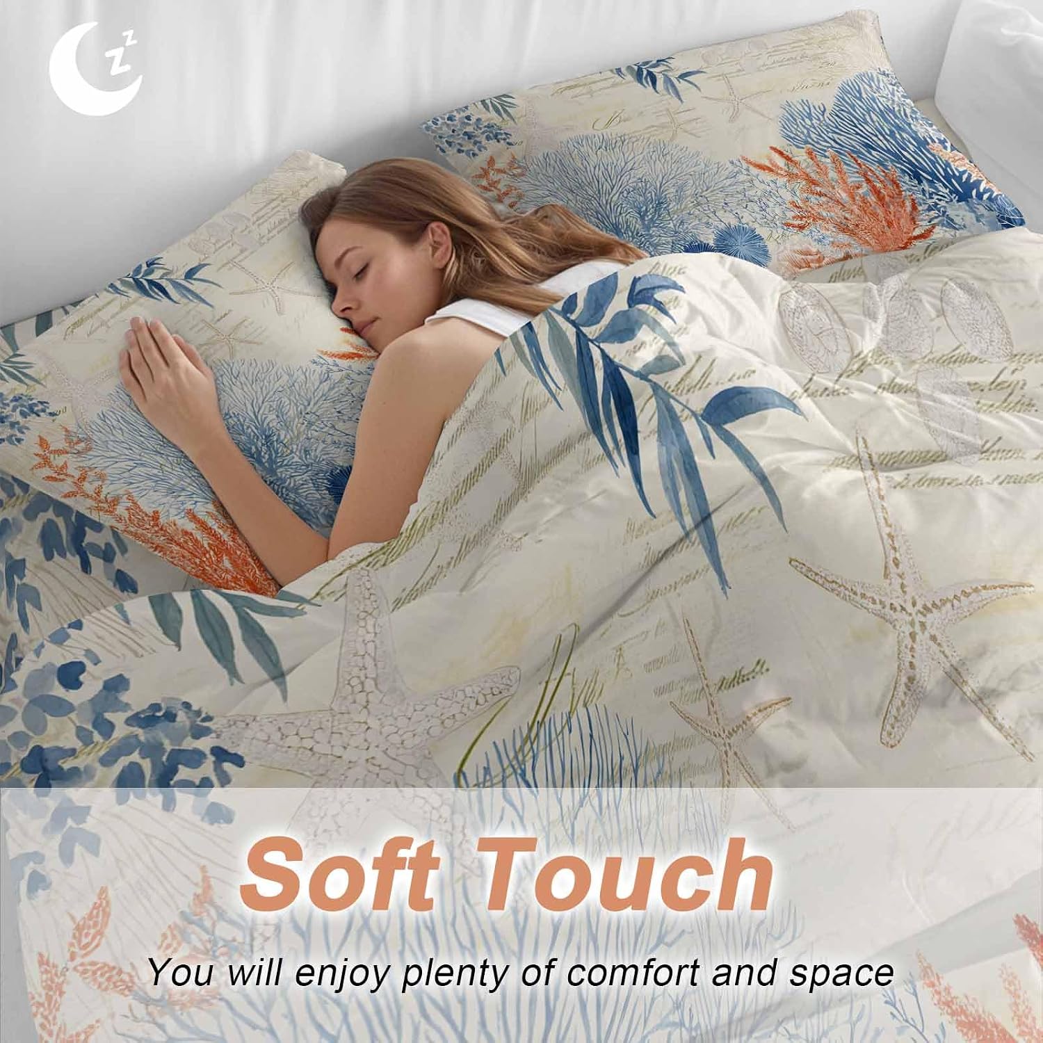 Prime Leader Ocean Corals Duvet Cover Set Queen Size 4 Pieces Summer Beach Coral Sea Stars Retro Texture Bedding Set with Zipper Closure, 1 Comforter Cover 86x86 Inches 1 Flat Sheet & 2 Pillow Cases