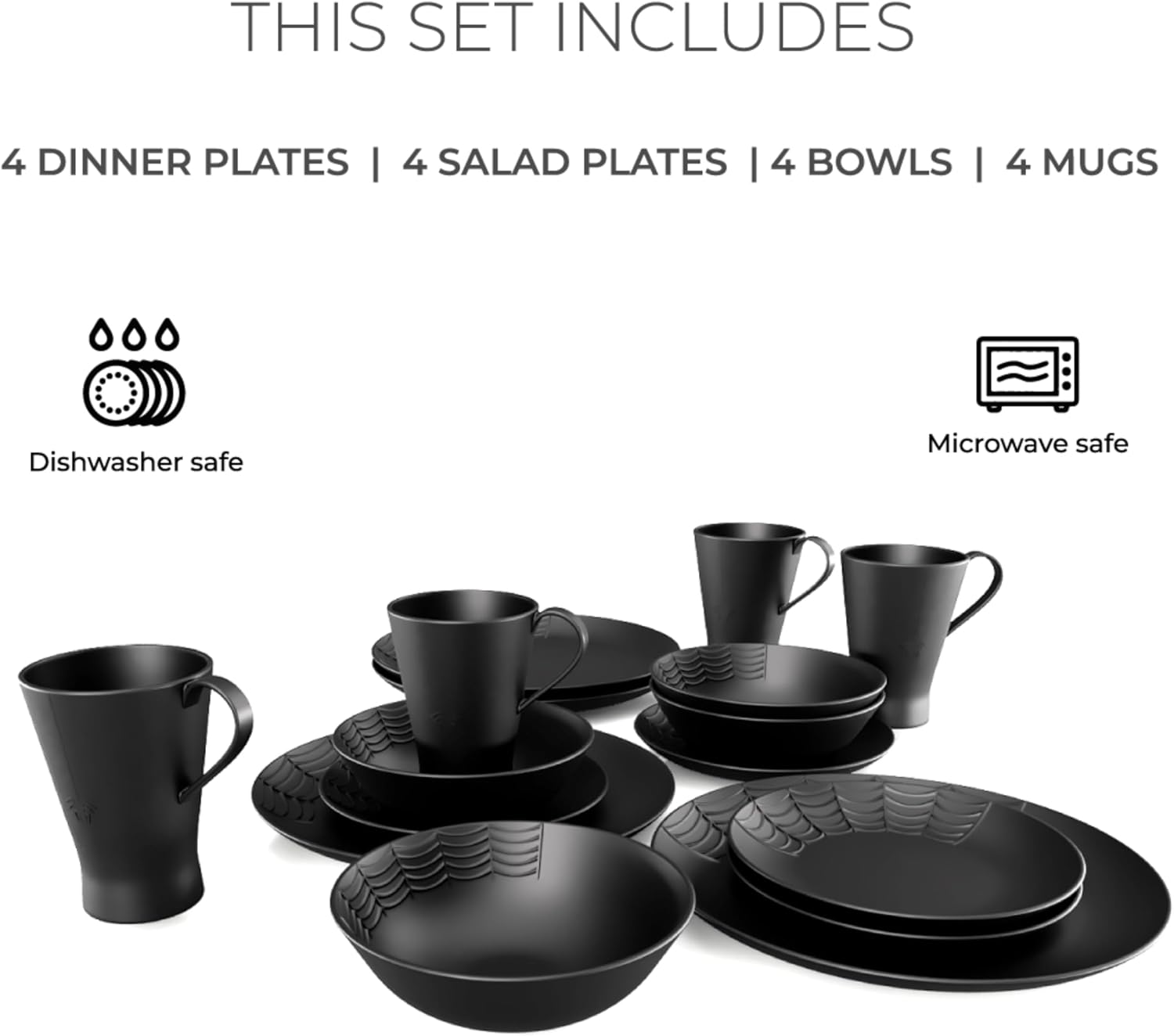 Nomnu Spiderweb Dinnerware Set (16 Pieces) - Goth Dinnerware Set - Black Matte Porcelain - 4 Dinner Plates 4 Salad Plates 4 Bowls 4 Mugs - Halloween Spooky Dishes Gothic Kitchen Decor Gifts