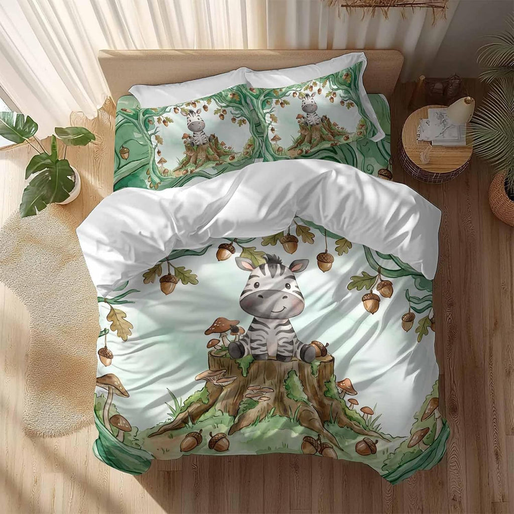 Cartoon Small Zebra Duvet Cover Set Queen Size 4 Pieces Watercolor Forest Animal Acorn Green Tree Bedding Set with Zipper Closure, 1 Comforter Cover 86x86 Inches 1 Flat Sheet & 2 Pillow Cases