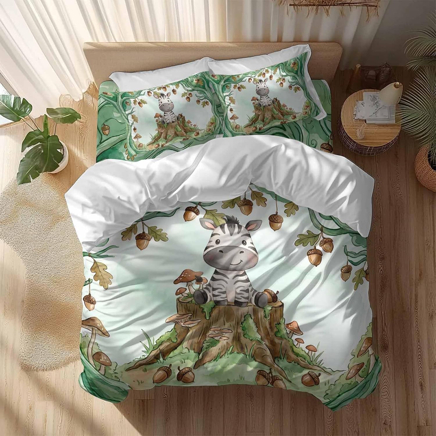 Cartoon Small Zebra Duvet Cover Set Queen Size 4 Pieces Watercolor Forest Animal Acorn Green Tree Bedding Set with Zipper Closure, 1 Comforter Cover 86x86 Inches 1 Flat Sheet & 2 Pillow Cases