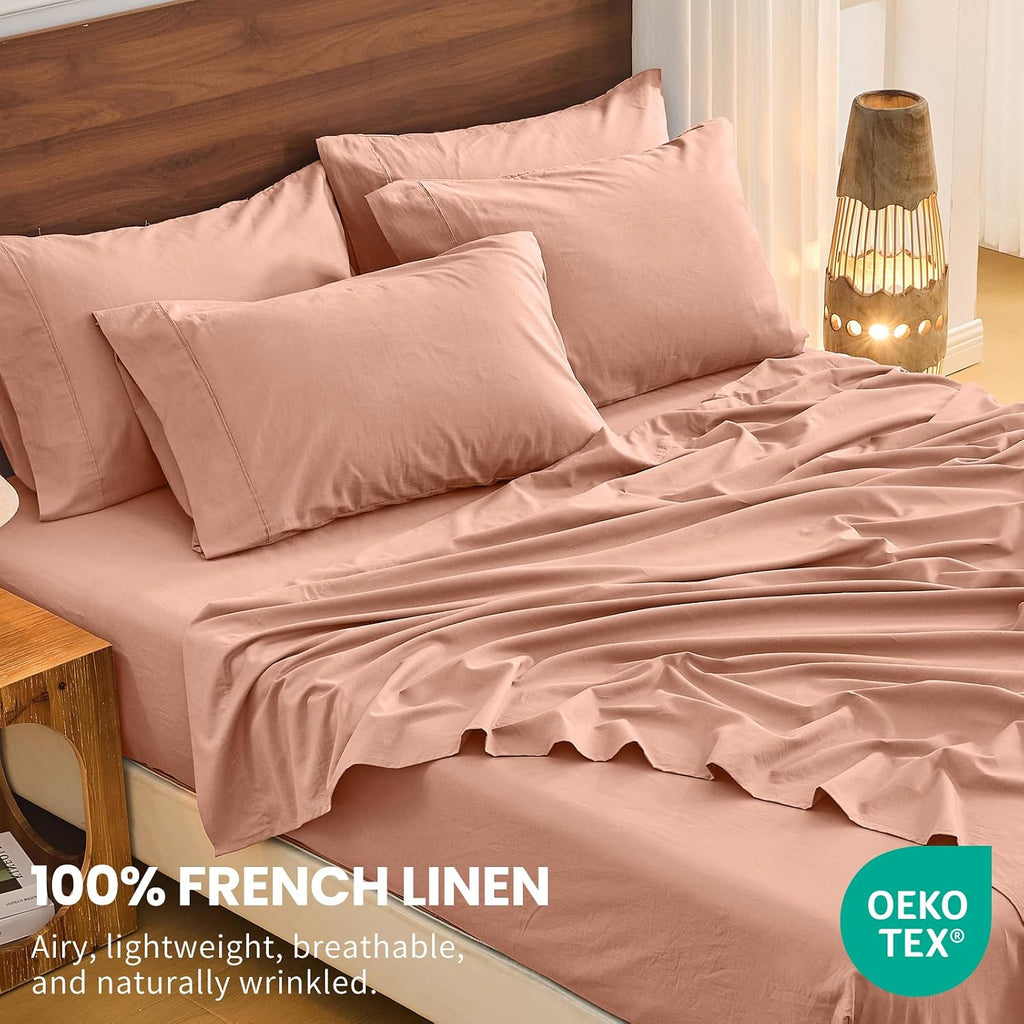 Bedlifes 100% French Linen Sheets Queen Size 18-24'Extra Deep Pocket 4-Piece Set Breathable & Moisture-Wicking,Soft & Durable Sheets for Thick Mattresses(Blush Pink)
