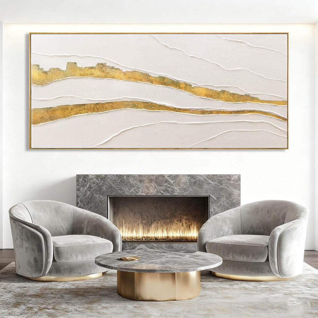 VAYIMDH White and Gold Oil Painting Wall Art Abstract Wall Decor Line Hanging Art 32'x70' Large Artwork for Living Room Decorative Pictures for Office