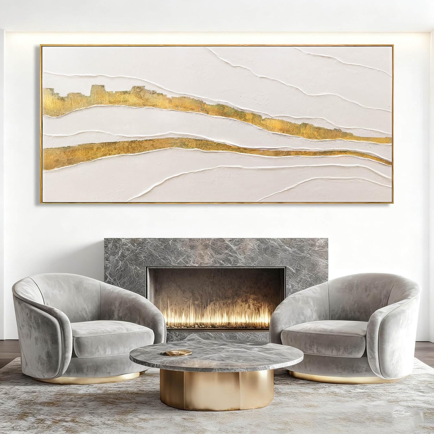 VAYIMDH White and Gold Oil Painting Wall Art Abstract Wall Decor Line Hanging Art 32'x70' Large Artwork for Living Room Decorative Pictures for Office