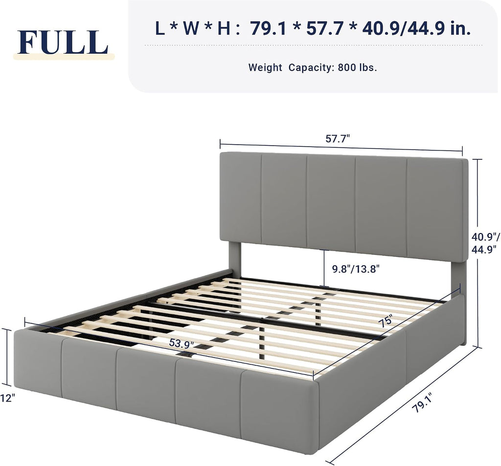Allewie Full Size Dutch Velvet Upholstered Platform Bed Frame/Vertical Channel Tufted Adjustable Headboard/Low Profile Bed Frame/No Box Spring Needed/Easy Assembly/Grey