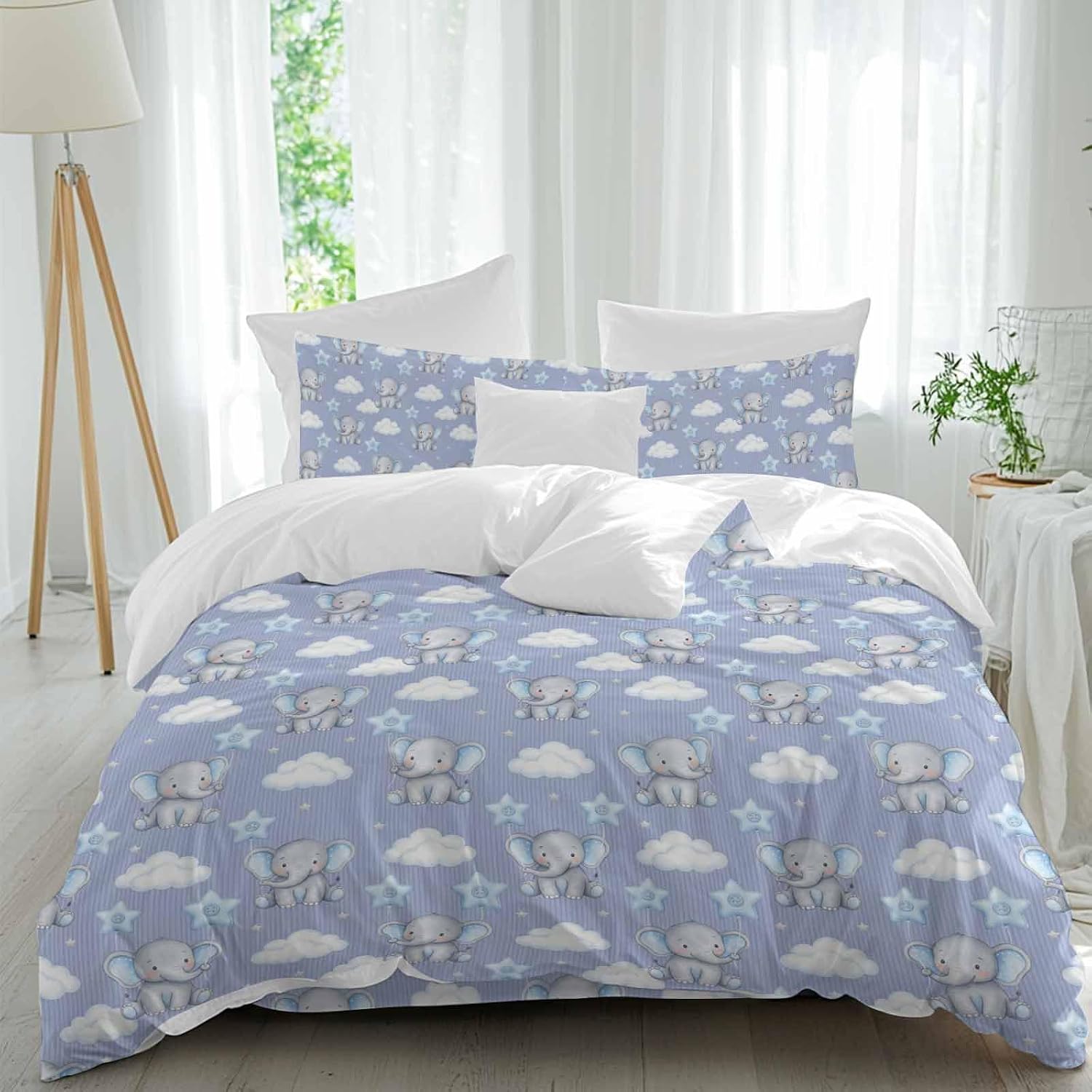 Blue Dreamy Elephant Duvet Cover Set Queen Size 4 Pieces Cartoon Animal Cloud Stars Fairytale Style Bedding Set with Zipper Closure, 1 Comforter Cover 86x86 Inches 1 Flat Sheet & 2 Pillow Cases