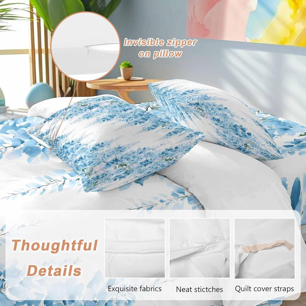 Prime Leader Blue Flowers Duvet Cover Set Queen Size 4 Pieces Watercolor Blue Wisteria Floral Bedding Set with Zipper Closure, 1 Comforter Cover 86x86 Inches 1 Flat Sheet & 2 Pillow Cases