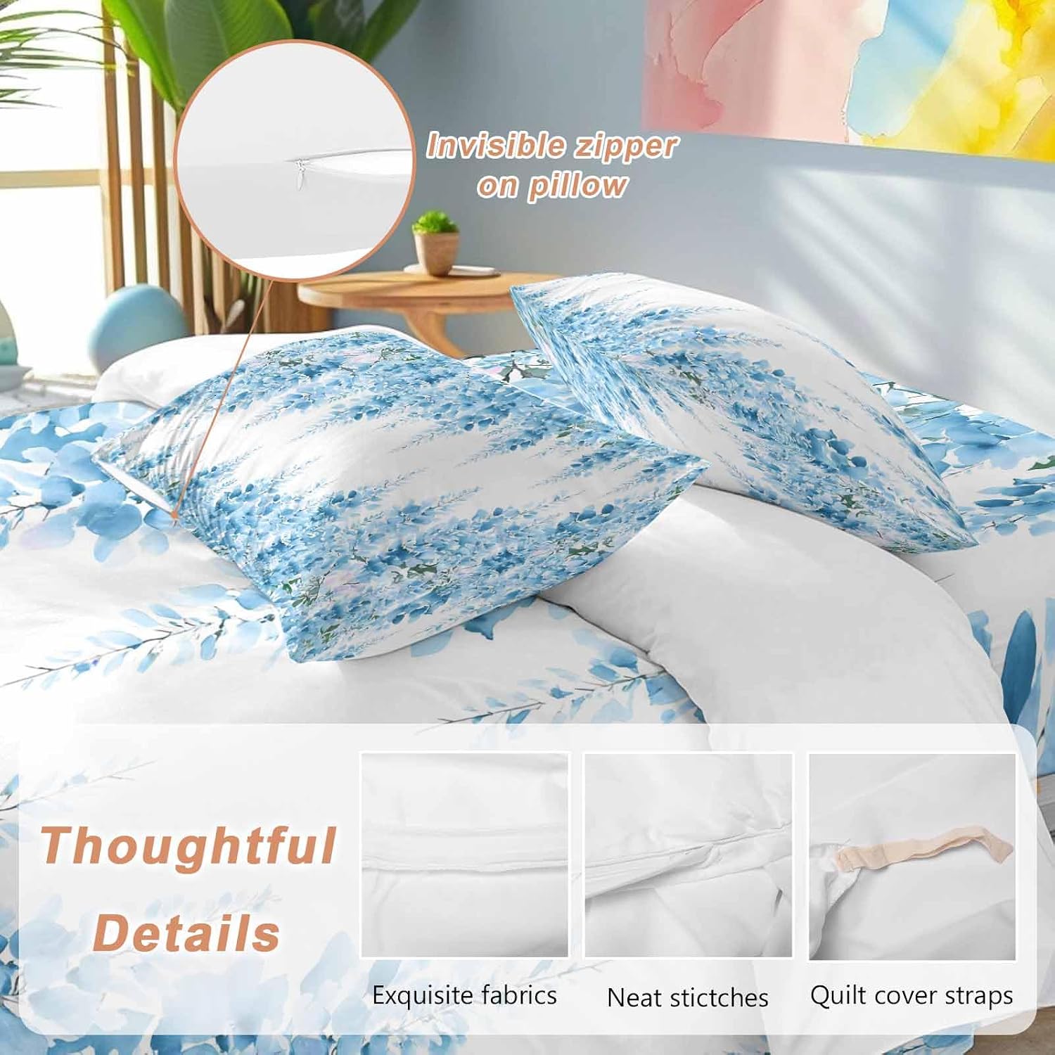 Prime Leader Blue Flowers Duvet Cover Set Queen Size 4 Pieces Watercolor Blue Wisteria Floral Bedding Set with Zipper Closure, 1 Comforter Cover 86x86 Inches 1 Flat Sheet & 2 Pillow Cases