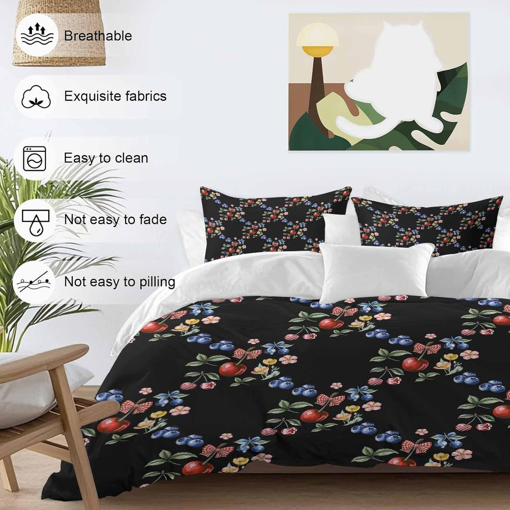 Red Cherry Blueberry Duvet Cover Set Queen Size 4 Pieces Country Farmhouse Flower Green Leaf Black Bedding Set with Zipper Closure, 1 Comforter Cover 90x92 Inches 1 Flat Sheet & 2 Pillow Cases