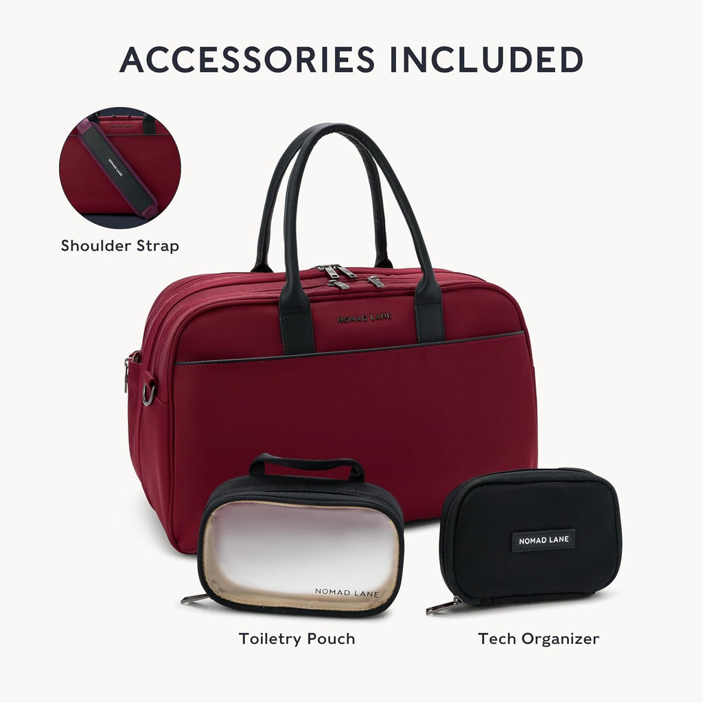 Nomad Lane Carry-On Luggage Duffel Bag, Durable & Lightweight Suitcase. Bento Bag, Personal Item Weekender Travel Bag for Men & Women, Bordeaux Berry