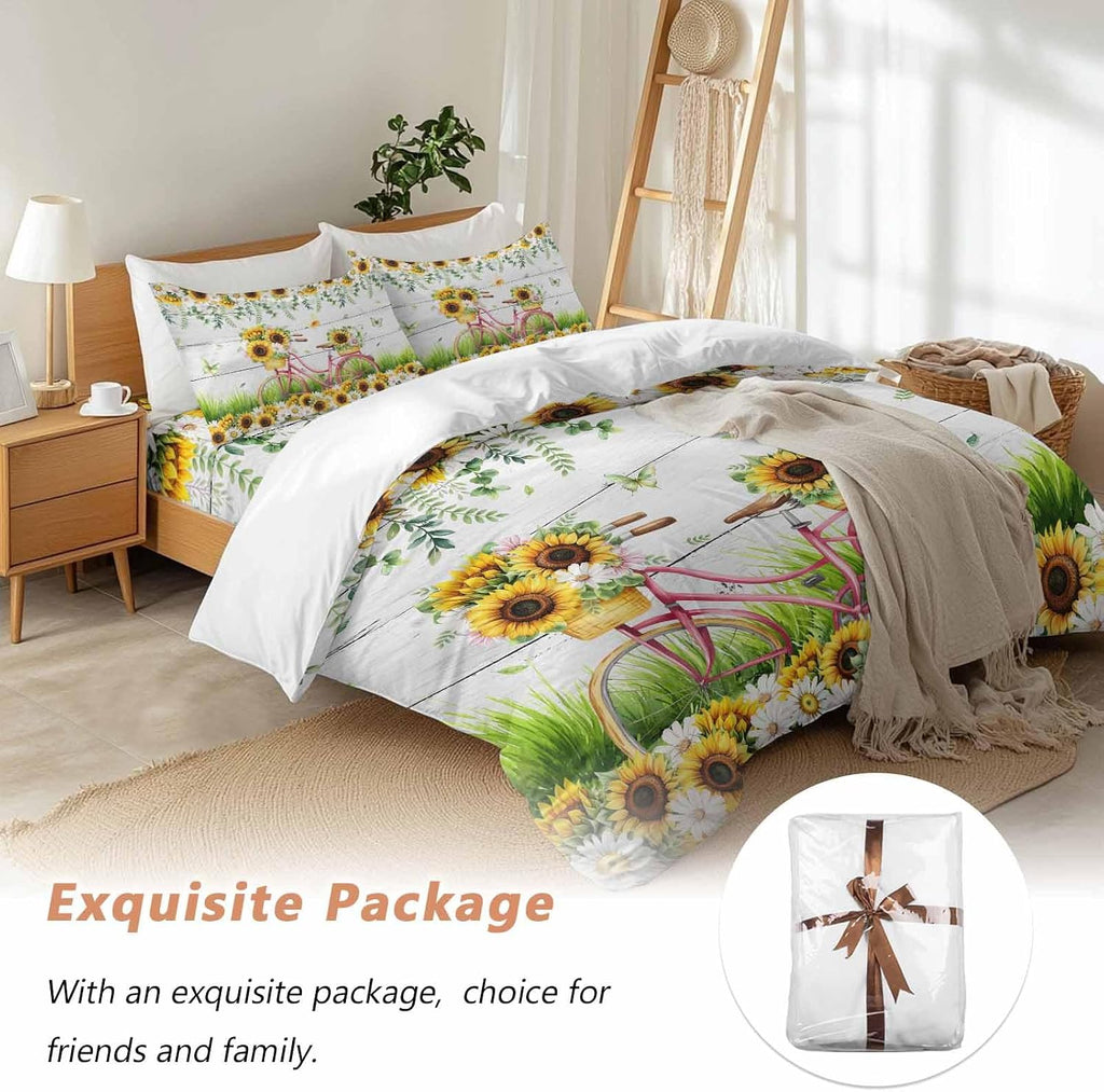 Spring Floral Duvet Cover Set Queen Size 4 Pieces Sunflower Daisy Bike Eucalyptus Leaves Grey Wood Bedding Set with Zipper Closure, 1 Comforter Cover 90x92 Inches 1 Flat Sheet & 2 Pillow Cases