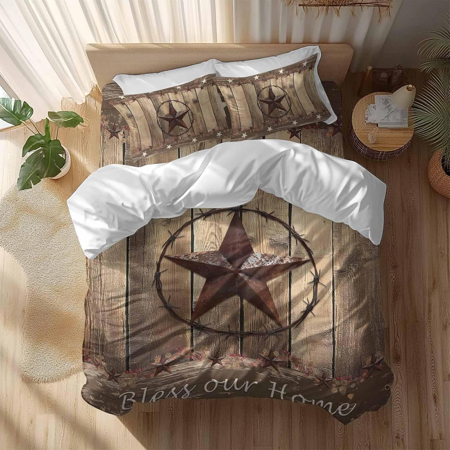 Vintage Duvet Cover Set Queen Size 4 Pieces Western Country Brown Texas Star Wood Grain Farmhouse Bedding Set with Zipper Closure, 1 Comforter Cover 86x86 Inches 1 Flat Sheet & 2 Pillow Cases