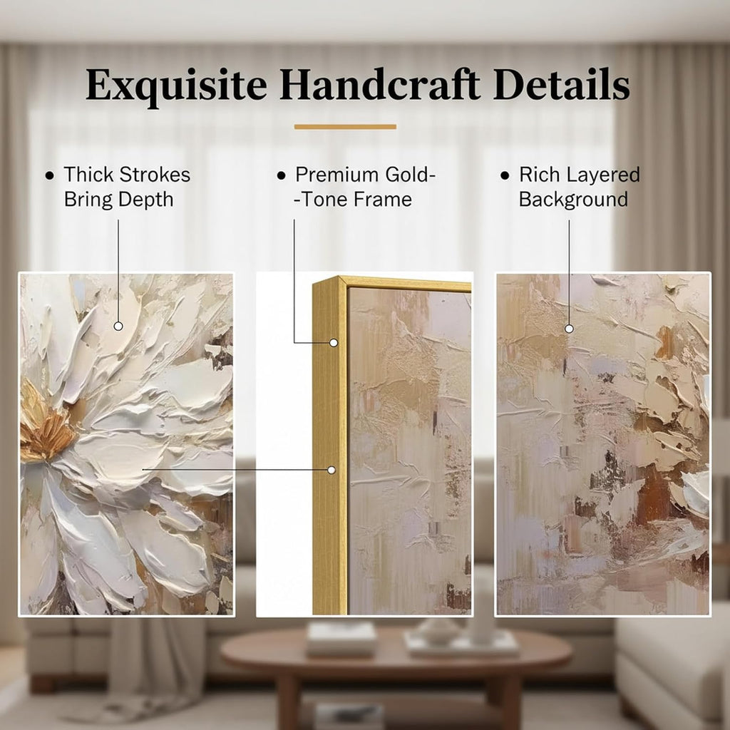 Hand-Painted Flower Canvas Oil Painting for Living Room, Large White Floral Canvas Wall Art for Bedroom,Gold Framed 3D Textured Painting for Office Kitchen Home Decoration 24x56 inches