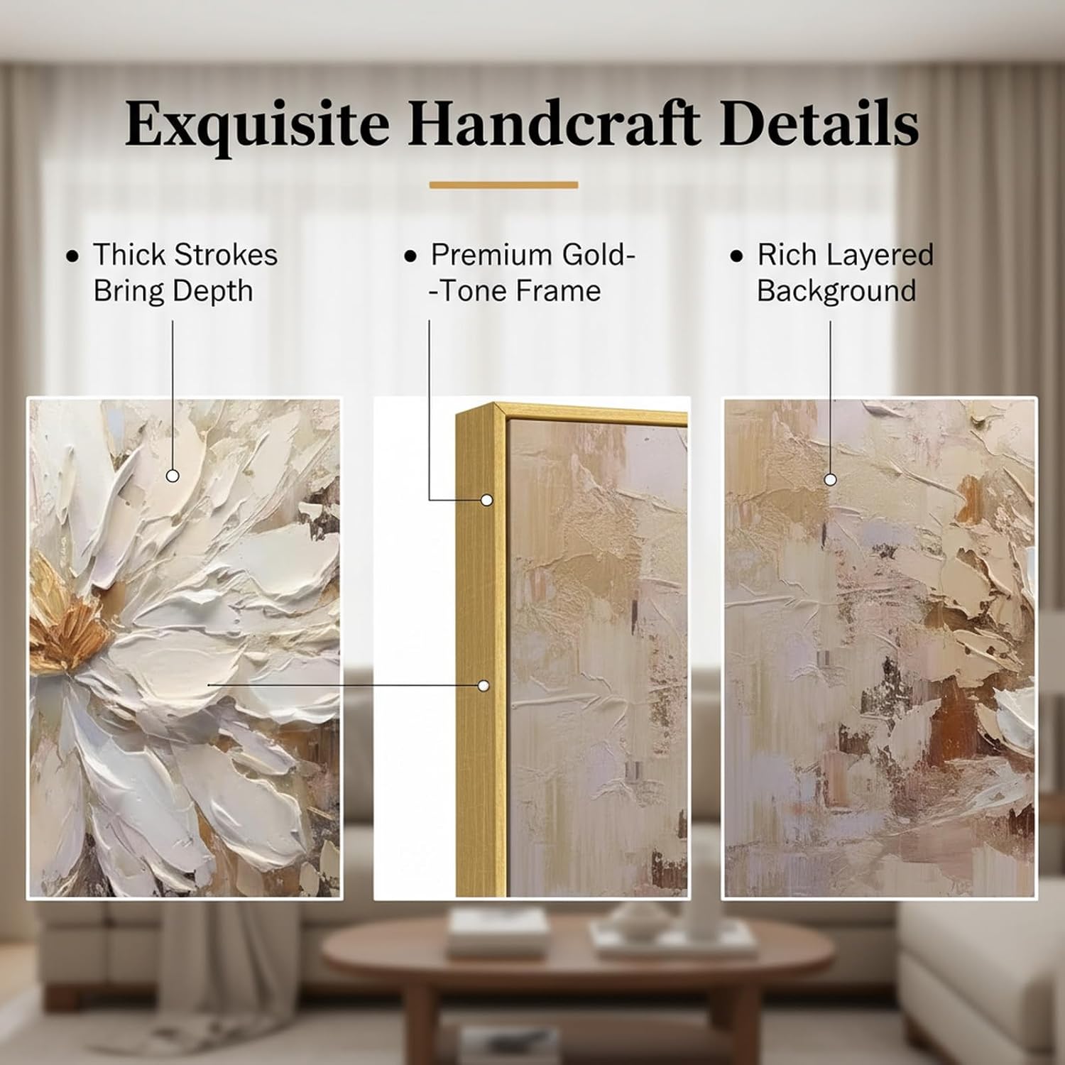 Hand-Painted Flower Canvas Oil Painting for Living Room, Large White Floral Canvas Wall Art for Bedroom,Gold Framed 3D Textured Painting for Office Kitchen Home Decoration 24x56 inches