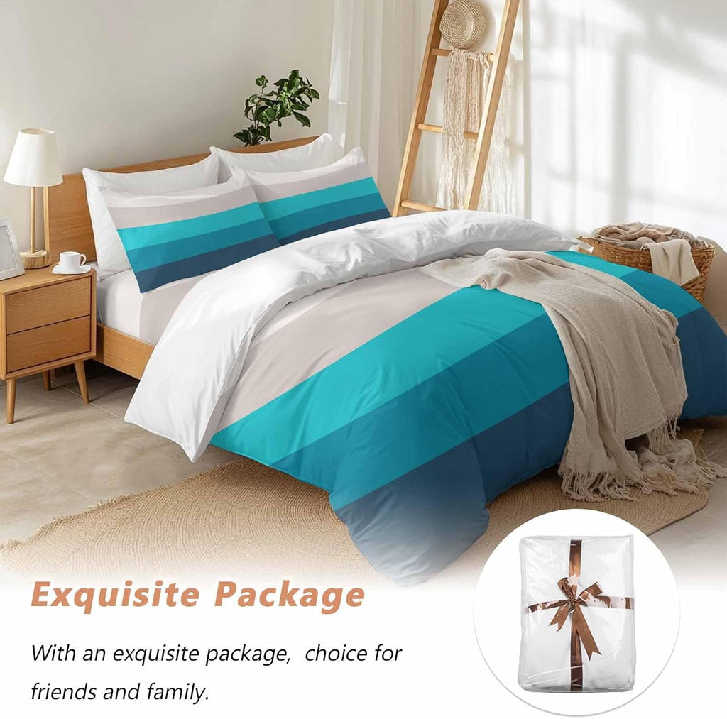 Prime Leader Geometric Stripes Duvet Cover Set Queen Size 4 Pieces Minimalist Turquoise Gradient Pattern Bedding Set with Zipper Closure, 1 Comforter Cover 92x106 Inches 1 Flat Sheet & 2 Pillow Cases