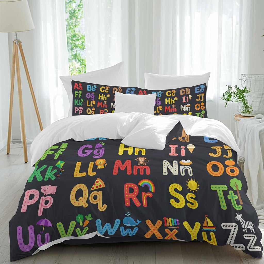 Alphabet Duvet Cover Set Queen Size 4 Pieces American Cartoon Early Education Alphabet Minimalist Mural Bedding Set with Zipper Closure, 1 Comforter Cover 86x86 Inches 1 Flat Sheet & 2 Pillow Cases