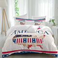 Independence Day Duvet Cover Set Queen Size 4 Pieces American Flag Retro Map Beige Background Red Stripes Bedding Set with Zipper Closure, 1 Comforter Cover 86x86 Inches 1 Flat Sheet & 2 Pillow Cases