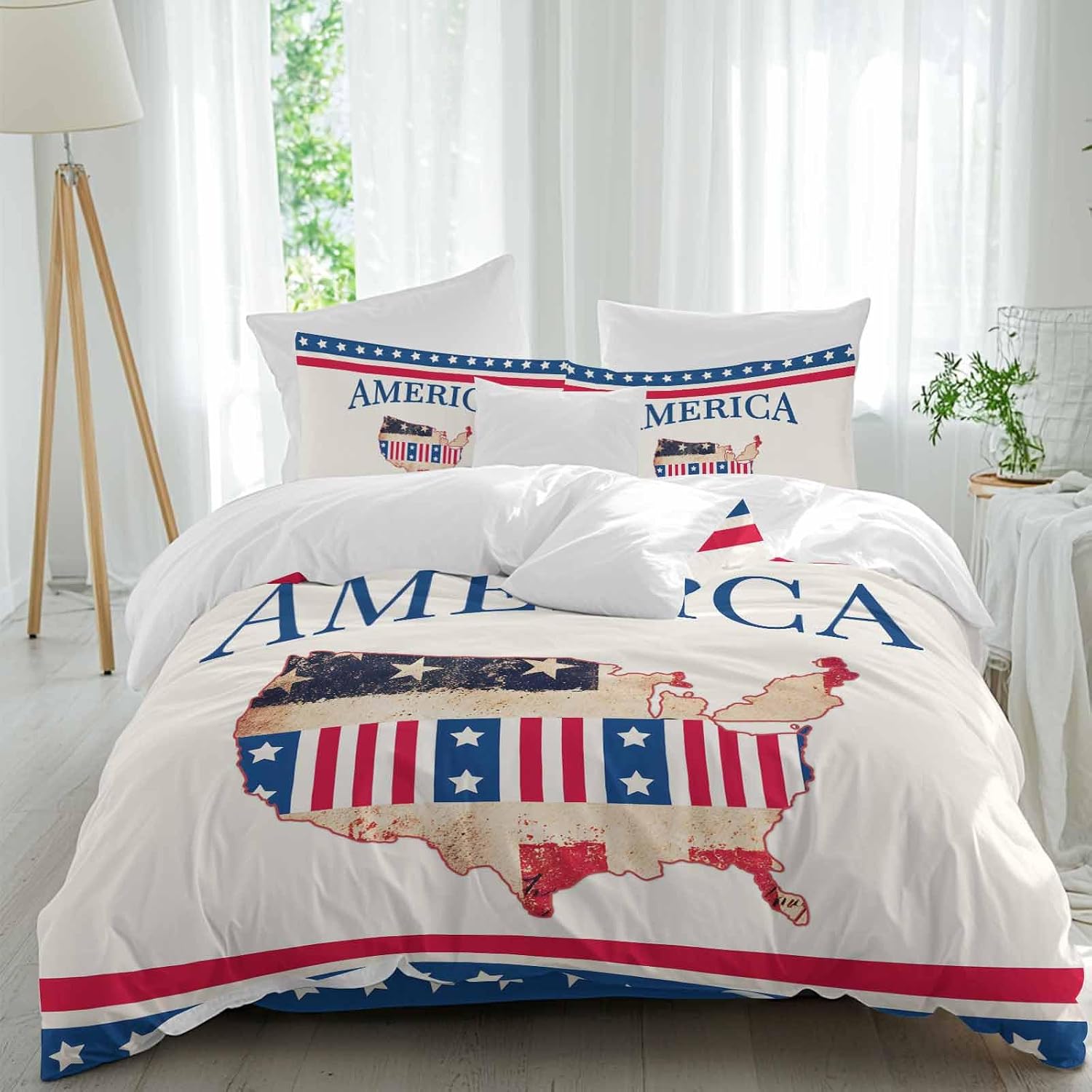 Independence Day Duvet Cover Set Queen Size 4 Pieces American Flag Retro Map Beige Background Red Stripes Bedding Set with Zipper Closure, 1 Comforter Cover 86x86 Inches 1 Flat Sheet & 2 Pillow Cases
