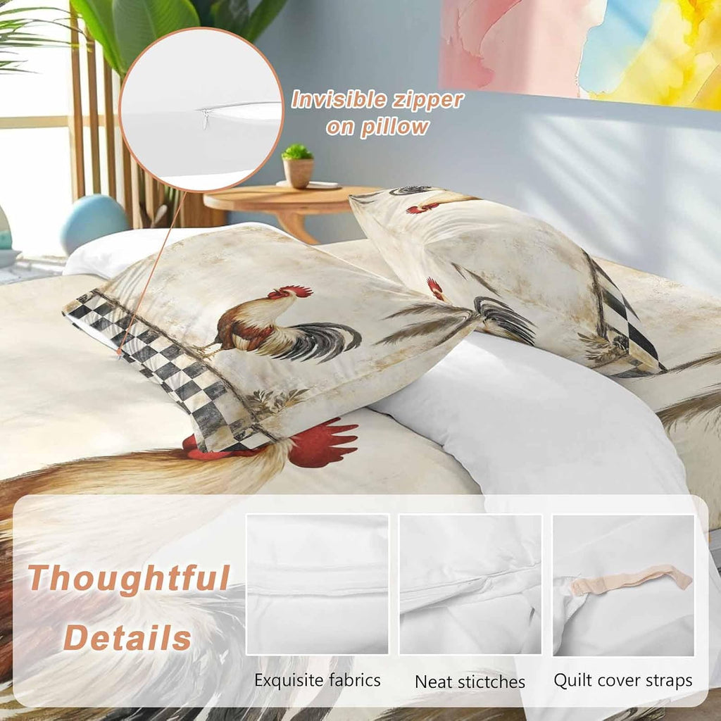 Rooster Chicken Duvet Cover Set Queen Size 4 Pieces Black Plaid Watercolor Vintage Texture Farm Bedding Set with Zipper Closure, 1 Comforter Cover 90x92 Inches 1 Flat Sheet & 2 Pillow Cases