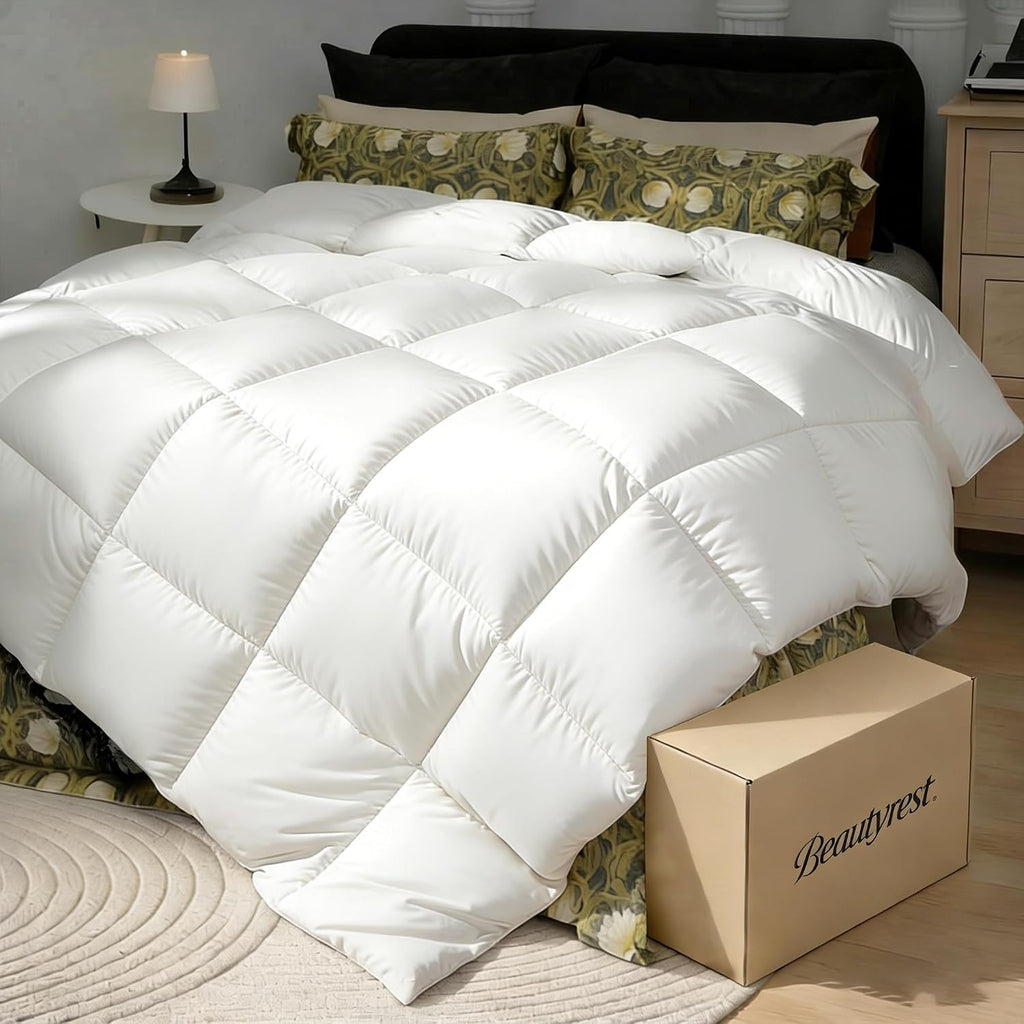 Beautyrest Goose Down Fiber Comforters Queen Size, Extra Warmth 100% Cotton Fabric Hotel Collection Luxury White Duvet Insert, Breathable Bedding Comforters for Winter and Cold Weather, 90x90 Inch