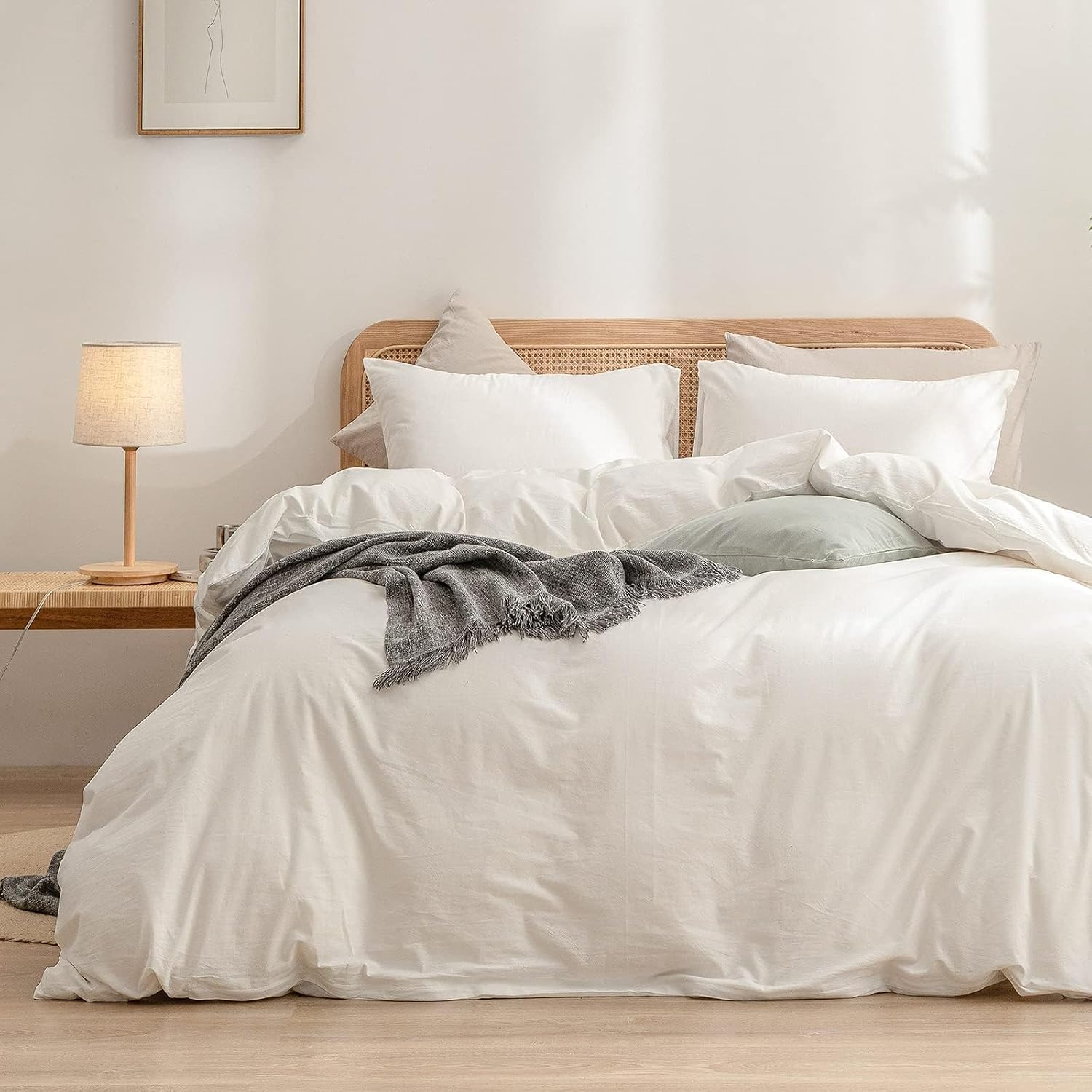 BESTOUCH Duvet Cover Set 100% Washed Cotton Linen Feel Super Soft Comfortable Chic Lightweight 3 PCs Home Bedding Set Solid Off White Alaska King