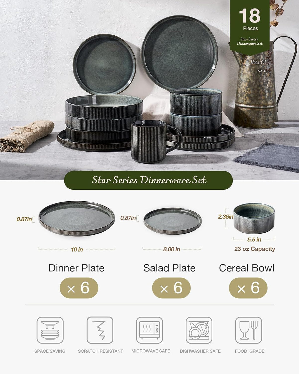 Famiware Star 18-Piece Reactive Glaze Plates and Bowls Sets, Service for 6 - Stoneware Dinnerware with Trim, Modern Rustic Dishes, Chip & Scratch Resistant, Microwave & Dishwasher Safe, Deep Forest