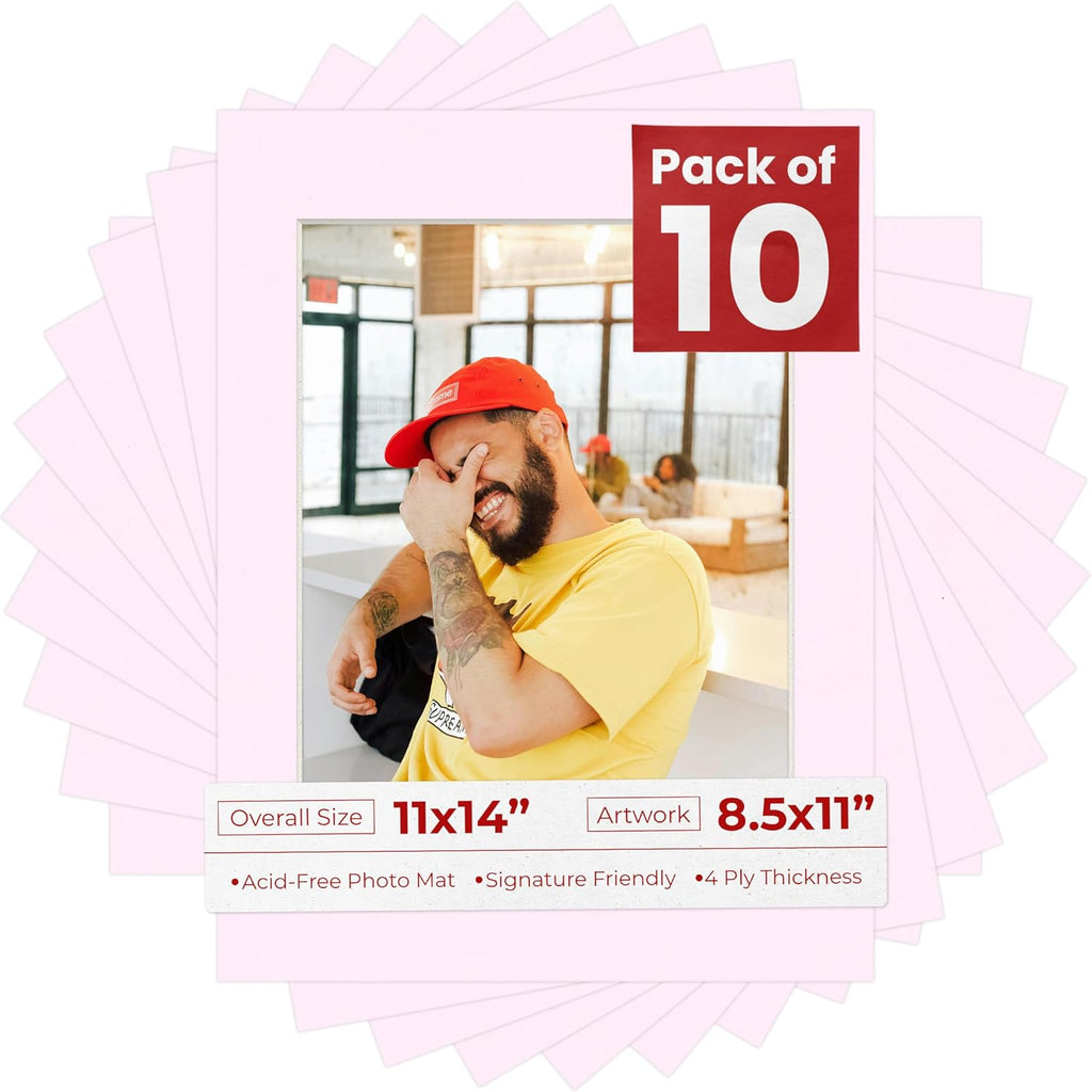 8.5x11 Mat for 11x14 Frame - Precut Mat Board Acid-Free Show Kit with Backing Board, and Clear Bags Soft Pink 8.5x11 Photo Matte Made to Fit a 11x14 Picture Frame Matboard for Framing, Pack of 10 Mats