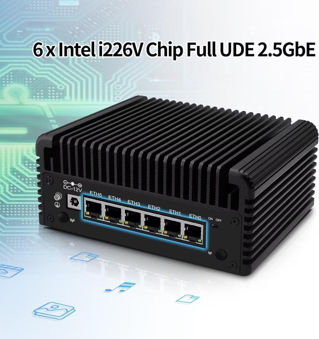 Firewall Mini PC Core 3 N300(8C/8T), 6 x 2.5GbE i226V LAN 4USB 2HD Type C TF Slot, DDR5 0GB RAM 0GB NVMe SSD, Fanless Router Hardware, Micro Computer Appliance, 4K Triple Display