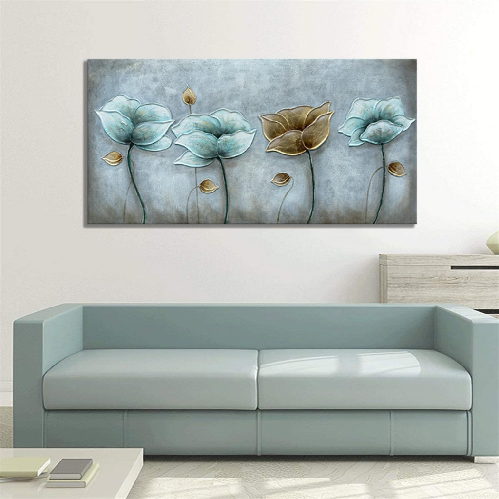 Alenoss 3D Large Oil Paintings on Canvas Wall Art 60x30 Inches Hand Painting Metal Luster Lotus Artwork Abstract Paintings Floral Wall Decor Texture Wall Art for Home Decorations
