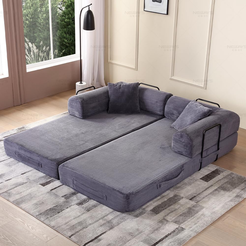 WILLIAMSPACE 77.9' Modern Loveseat Sofa Fold-Out Sofa Bed, Convertible Chair Floor Couch with Removable Backrest, Comfy Sofa Folding Mattress Couch Bed for Living Room, Bedroom, Corduroy, Gray