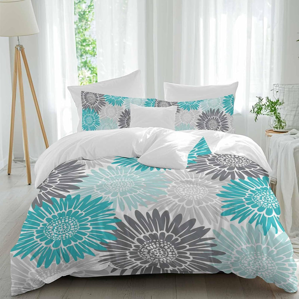 Turquoise Gray Sunflowers Duvet Cover Set Queen Size 4 Pieces Abstract Blooming Floral Rustic Bedding Set with Zipper Closure, 1 Comforter Cover 86x86 Inches 1 Flat Sheet & 2 Pillow Cases
