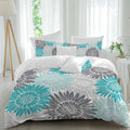 Turquoise Gray Sunflowers Duvet Cover Set Queen Size 4 Pieces Abstract Blooming Floral Rustic Bedding Set with Zipper Closure, 1 Comforter Cover 86x86 Inches 1 Flat Sheet & 2 Pillow Cases