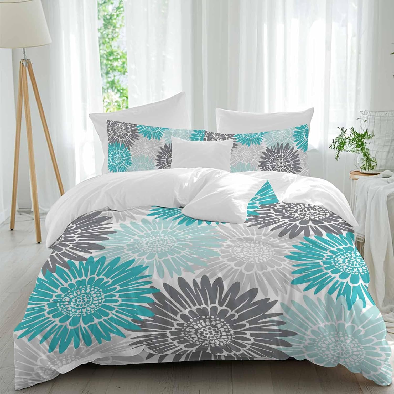 Turquoise Gray Sunflowers Duvet Cover Set Queen Size 4 Pieces Abstract Blooming Floral Rustic Bedding Set with Zipper Closure, 1 Comforter Cover 86x86 Inches 1 Flat Sheet & 2 Pillow Cases