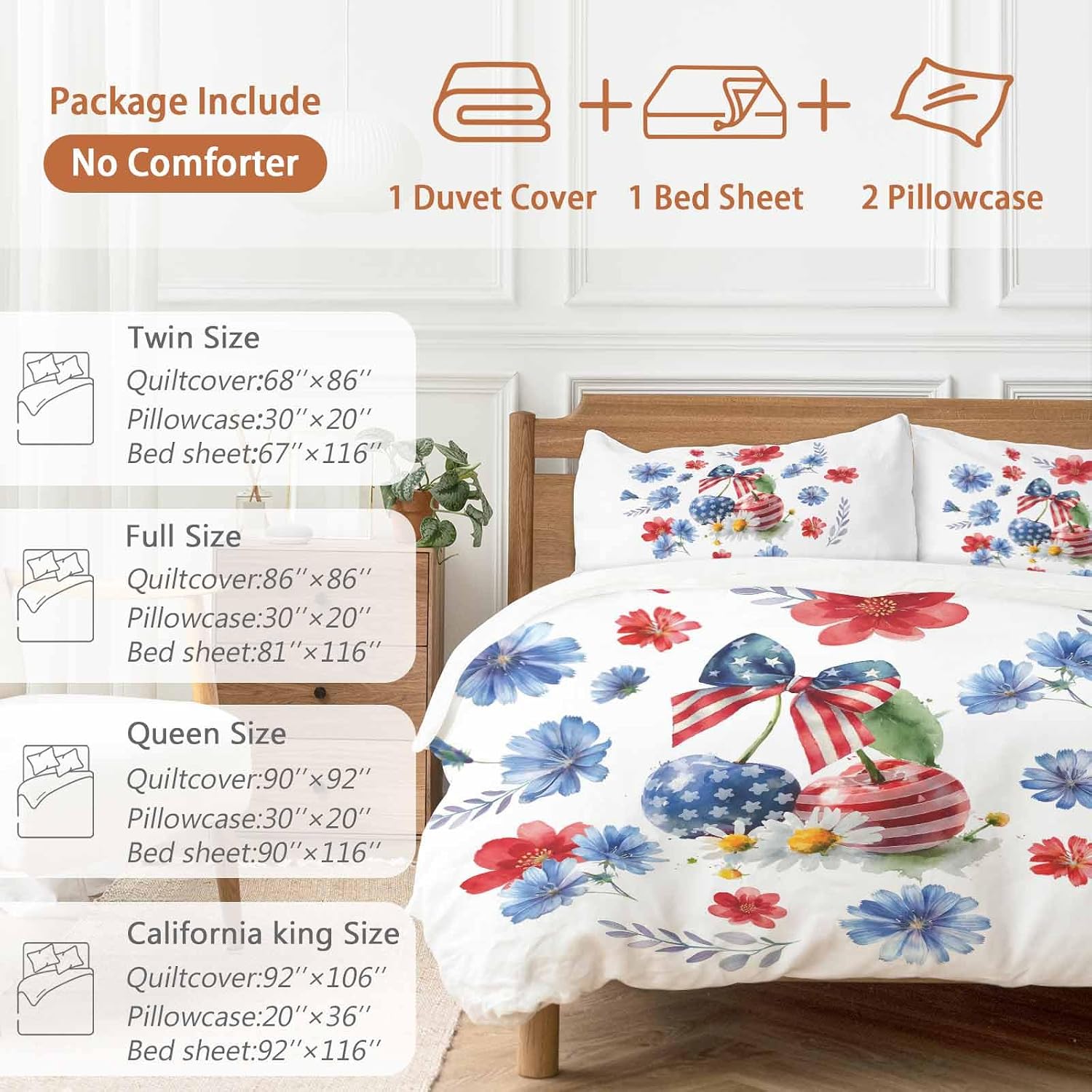 Independence Day Cherry Duvet Cover Set Queen Size 4 Pieces Patriotic Red Blue Star Flower Bow Leaf Bedding Set with Zipper Closure, 1 Comforter Cover 90x92 Inches 1 Flat Sheet & 2 Pillow Cases
